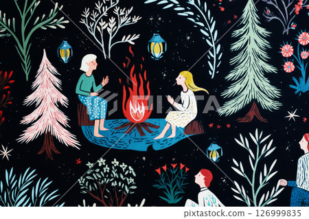 A group of friends gathers around a warm campfire, sharing stories and laughter beneath a star-filled sky, surrounded by silhouetted trees and colorful flowers 126999835