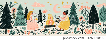 Two friends gather around a warm fire, exchanging stories while illuminated by the flames and starlit sky, with silhouetted trees creating a serene atmosphere 126999846