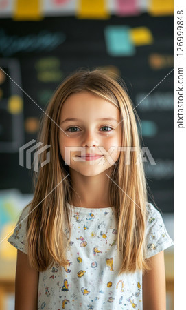 A cheerful girl, around 10 years old, stands in a classroom with long, wavy hair and a floral shirt. She smiles warmly with a blackboard filled with colorful drawings behind her 126999848