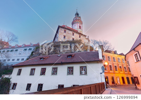 Cesky Krumlov tower view at dawn, Czech Republic 126999894