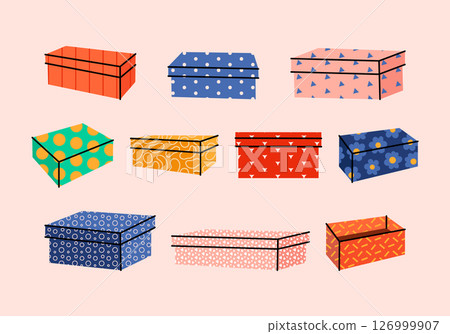 Cute set of shoe boxes and various shopping or gift bags. Presents, colorful boxes in 3d forms for purchases in retro cartoon. Hand drawn vector flat illustration. Shopping, sale, fashion, beauty. 126999907