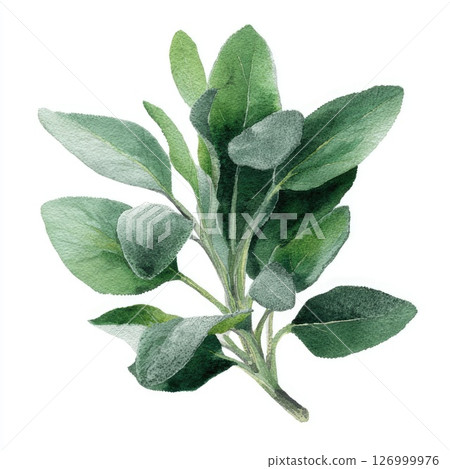 Watercolor painting "Sage" with delicate green leaves on a white background 126999976