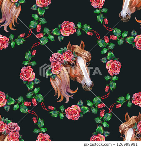 Floral seamless pattern with horse and pretty roses. Horse print pattern. Animal cute romantic pattern design 126999981
