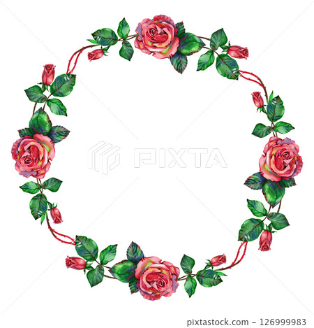 Floral wedding wreath. Wreath with roses, leaves. Vintage style watercolor hand drawn illustration Floral wedding wreath. Wreath with roses, leaves. Vintage style watercolor hand drawn illustration 126999983