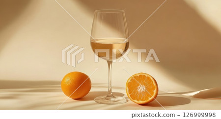 Refreshing drink with a glass of white wine and fresh oranges on a neutral background during sunny afternoon light Refreshing drink with a glass of white wine and fresh oranges on a neutral background during sunny afternoon light 126999998