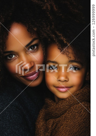 Mother and child share a joyful moment indoors during a cozy winter evening together, embracing warmth and love in a close-up portrait that captures their bond 126999999