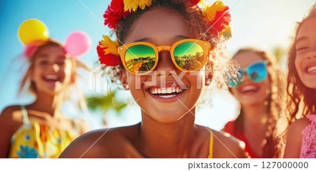 Smiling girl in colorful sunglasses surrounded by friends at a beach party during sunset, enjoying the summer atmosphere and vibrant decorations 127000000