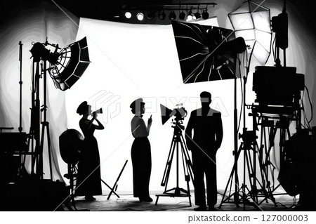 Creative studio environment with silhouettes of filmmakers preparing for a vintage cinematic shoot in a well-equipped studio setting 127000003