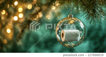 Creative holiday ornament featuring a roll of paper towels in a transparent bauble hanging from a Christmas tree branch with softly glowing lights in the background 127000010