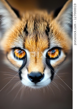 Close encounter with a striking fox showcasing vibrant orange eyes and intricate fur patterns in its natural habitat during the golden hour 127000019