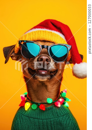 Dog in festive attire wearing sunglasses and a Santa hat with holiday lights around its neck against a bright yellow background 127000033