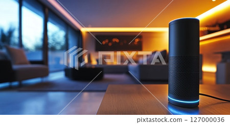 Smart speaker on wooden table in modern living room with warm lighting during evening hours 127000036