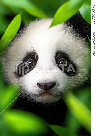 Cute panda cub gazes curiously from behind vibrant green leaves in a natural habitat during daylight hours 127000056