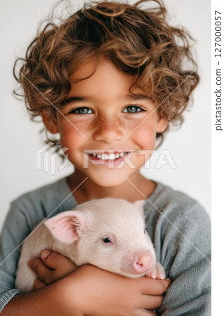 Young boy happily cradling a cute piglet in his arms with a joyful smile, showcasing a bond with animals, indoors, in a bright and cheerful setting 127000057