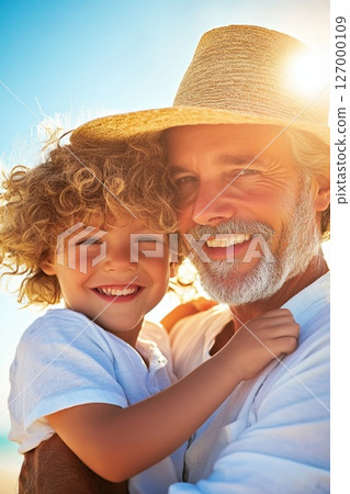 Grandfather smiles joyfully while holding his grandson at the beach during sunset 127000109