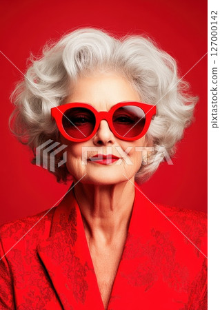 Stylish senior woman with curly gray hair wears bold red sunglasses and matching attire against a bright red background, showcasing confidence and elegance in a contemporary portrait Stylish senior woman with curly gray hair wears bold red sunglasses and matching attire against a bright red background, showcasing confidence and elegance in a contemporary portrait 127000142