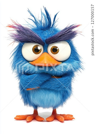 Bright blue animated bird character with exaggerated features and fluffy texture standing confidently with crossed arms and vibrant eyes 127000157