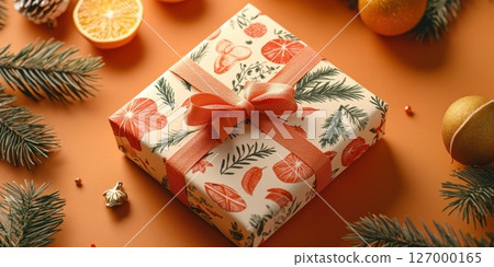 Beautifully wrapped gift box adorned with seasonal decorations on a festive orange background, surrounded by pine branches and ornaments during the holiday season 127000165