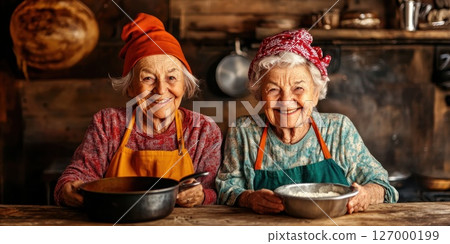 Two cheerful elderly women in colorful aprons cook together in a rustic kitchen filled with wooden decor and cooking utensils during late afternoon 127000199