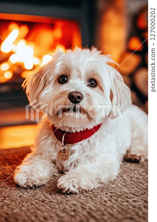 Cute small dog relaxes by the fireplace during a cozy winter evening at home Cute small dog relaxes by the fireplace during a cozy winter evening at home 127000202