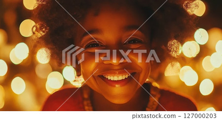 Smiling child in front of glowing lights during a festive celebration in an indoor setting at night 127000203
