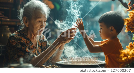 Elderly woman and young boy engage in a traditional ritual at a vibrant temple filled with incense smoke in the late afternoon light Elderly woman and young boy engage in a traditional ritual at a vibrant temple filled with incense smoke in the late afternoon light 127000207