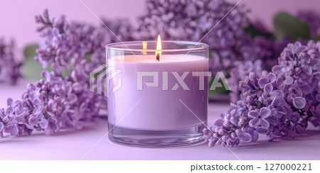 Lavender scented candle surrounded by lilac flowers on a soft background, creating a calming atmosphere in a relaxing space 127000221