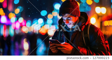 Young man enjoying nightlife while using smartphone in vibrant urban setting during winter evening with colorful lights 127000223