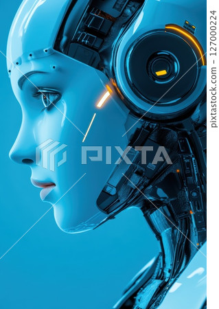Robotic humanoid figure with intricate designs showcases futuristic technology against a blue background in a creative art setting 127000224