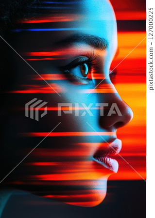 Creative portrait with vibrant light trails highlighting the profile of a young woman in a modern artistic setting during nighttime 127000225