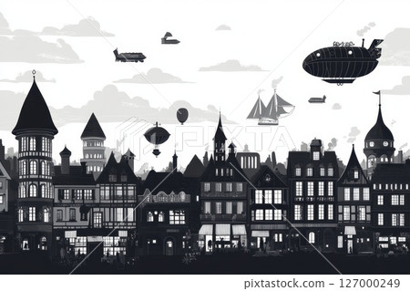 A bustling steampunk cityscape showcases airships and elegant architecture during a vibrant afternoon in an imaginative alternate universe 127000249