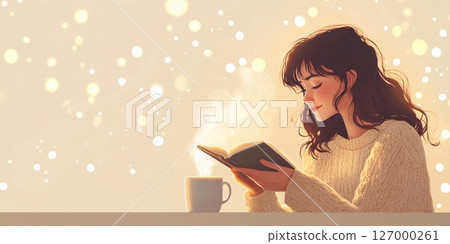 Cozy indoor reading session with warm drink and soft lighting during winter 127000261