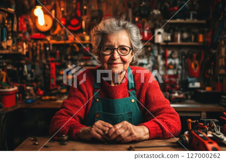 Elderly woman in cozy workshop surrounded by tools showcasing her craftsmanship and dedication to her craft during a warm afternoon 127000262