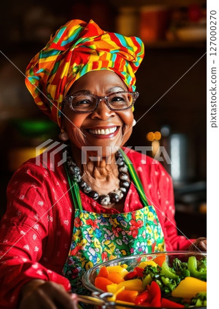 Elderly woman prepares colorful vegetable dish in vibrant kitchen, showcasing culinary expertise and cultural heritage with joy and warmth Elderly woman prepares colorful vegetable dish in vibrant kitchen, showcasing culinary expertise and cultural heritage with joy and warmth 127000270
