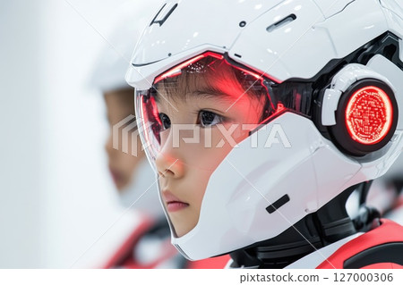 Child wearing futuristic robot suit with illuminated visor in tech exhibition showcasing innovations in artificial intelligence and robotics 127000306