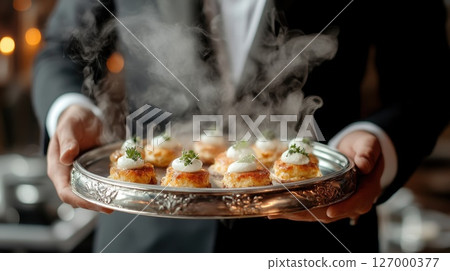 Elegant waiter presents gourmet appetizers on a silver tray with steam rising, showcasing fine dining at a high-end restaurant during an evening event 127000377