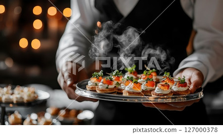 Delicious appetizers served on a tray at an elegant evening event while steam rises in a classy atmosphere filled with warm lights 127000378