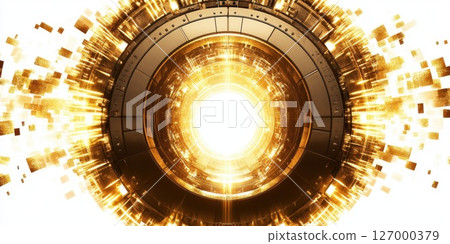 Bright glowing energy burst with a circular metallic frame creating a dynamic visual effect in a digital art style 127000379