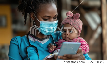 Healthcare worker cares for infant while using smartphone in a warm and inviting clinic setting 127000392