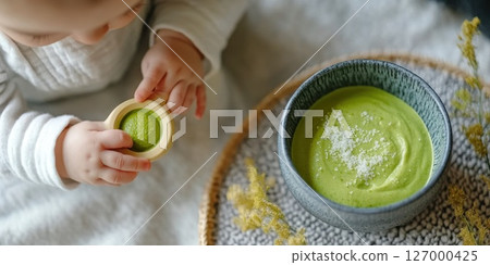Exploring the texture of creamy green food while seated on a soft mat in a cozy kitchen during a bright morning 127000425