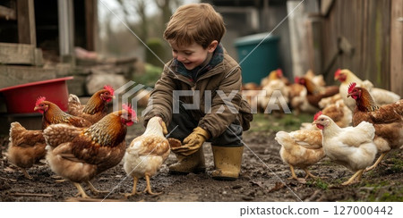 Young boy interacts joyfully with chickens on a farm during a sunny afternoon in a rural setting, showcasing a delightful bond with animals and the essence of farm life 127000442