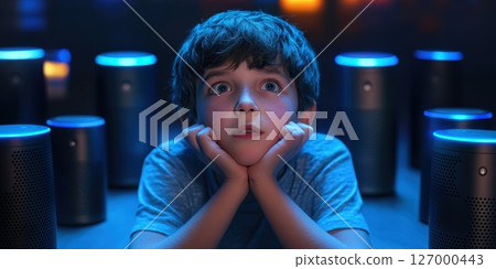 Young boy captivated by technology in a dimly lit room surrounded by smart speakers during an informal learning session at night 127000443