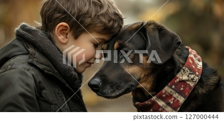 Boy shares a moment of friendship with his dog during a cool autumn afternoon in a quiet neighborhood 127000444