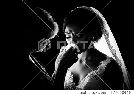 Emotional moment shared between a bride and her mother during a wedding ceremony in a dimly lit venue, highlighting love and support captured in black and white 127000446