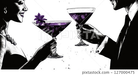 Couple toasting with elegant cocktails in formal attire at a stylish evening gathering 127000475