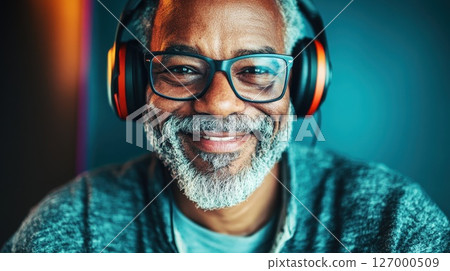Senior man enjoying music with headphones in a cozy, modern space during the evening hours while smiling and engaging in a moment of relaxation 127000509