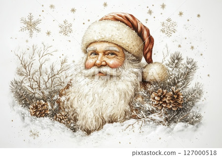 Classic depiction of Santa Claus surrounded by winter elements and festive decorations in a snowy landscape 127000518
