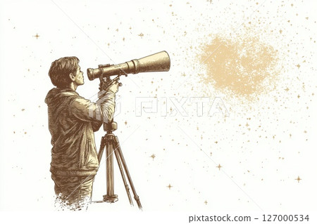 Young astronomer uses telescope to explore the night sky and discover celestial wonders in a serene outdoor setting 127000534