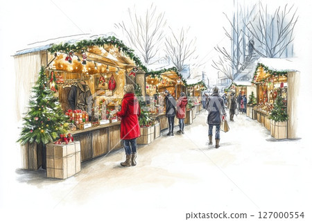 Holiday market bustling with visitors admiring festive decorations and unique gifts in a winter village setting 127000554