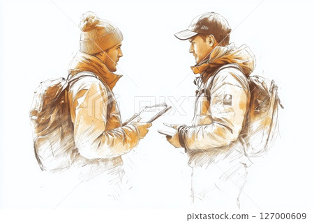 Two explorers discussing plans in snowy landscape while wearing winter gear and backpacks during a clear day in a remote outdoor area 127000609